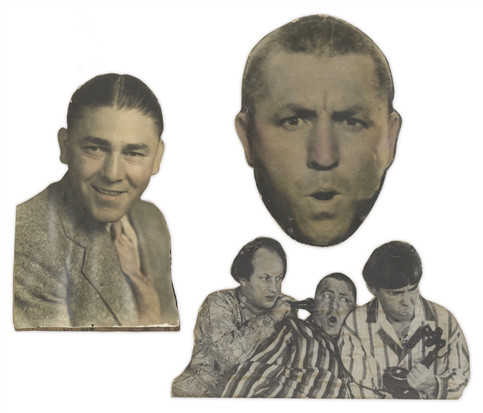 Images of Moe, Curly & The Three Stooges Glued on Wood, -- Curly & Moe (Circa 1930) Measure About 6'' x 9'', Stooges Measure 10.5'' x 5.75'' -- Wood on Moe Photo Buckling, Else Good
